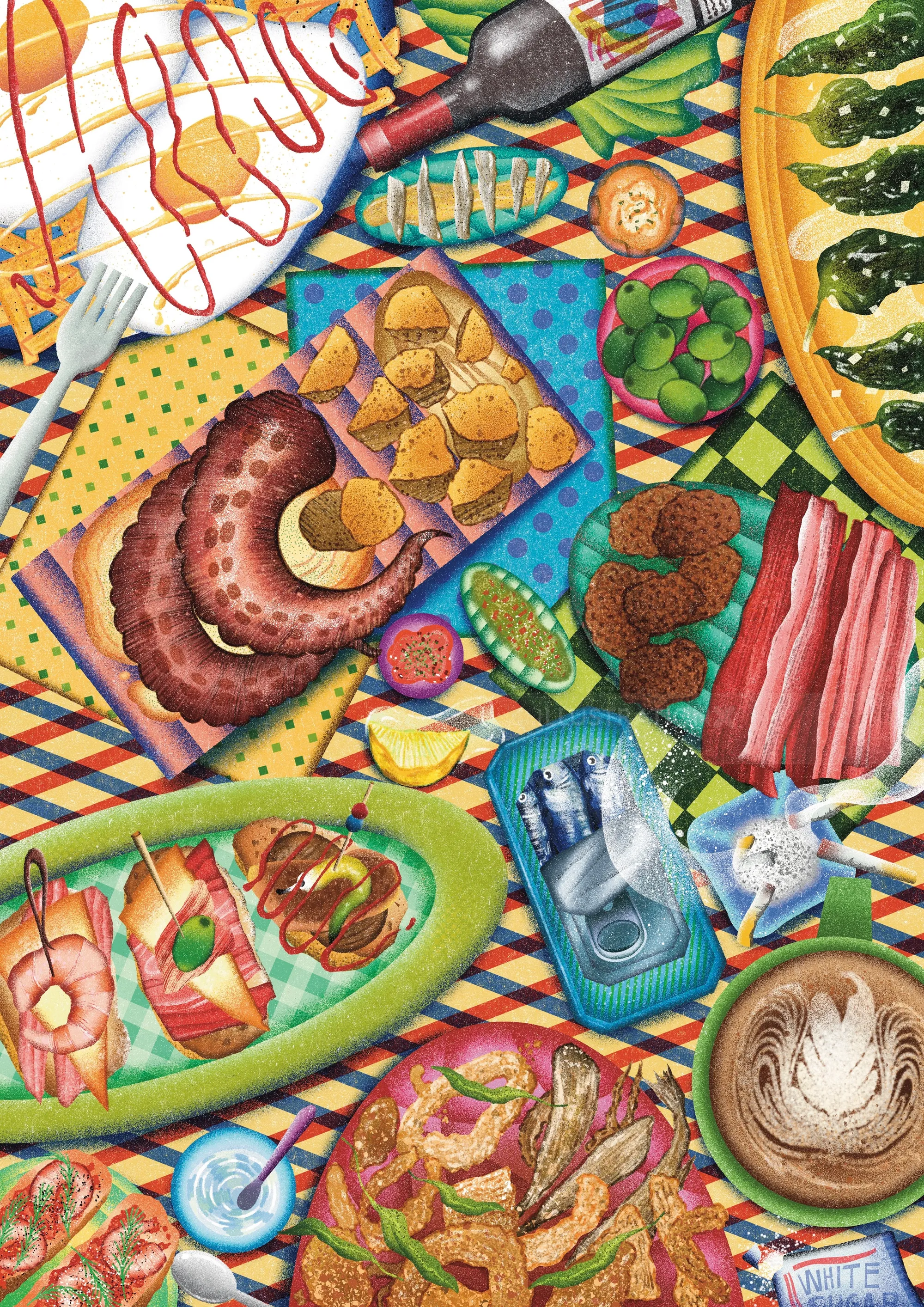 Table filled with diverse foods including pastries, drinks, and small dishes by Oliver Li