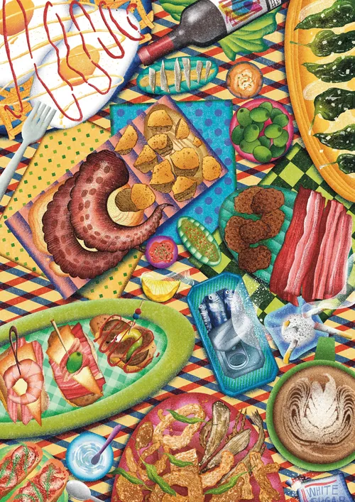 Table filled with diverse foods including pastries, drinks, and small dishes by Oliver Li