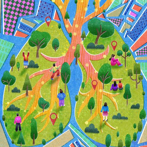 Illustration of a lung-shaped park with people walking outdoors by Oliver Li