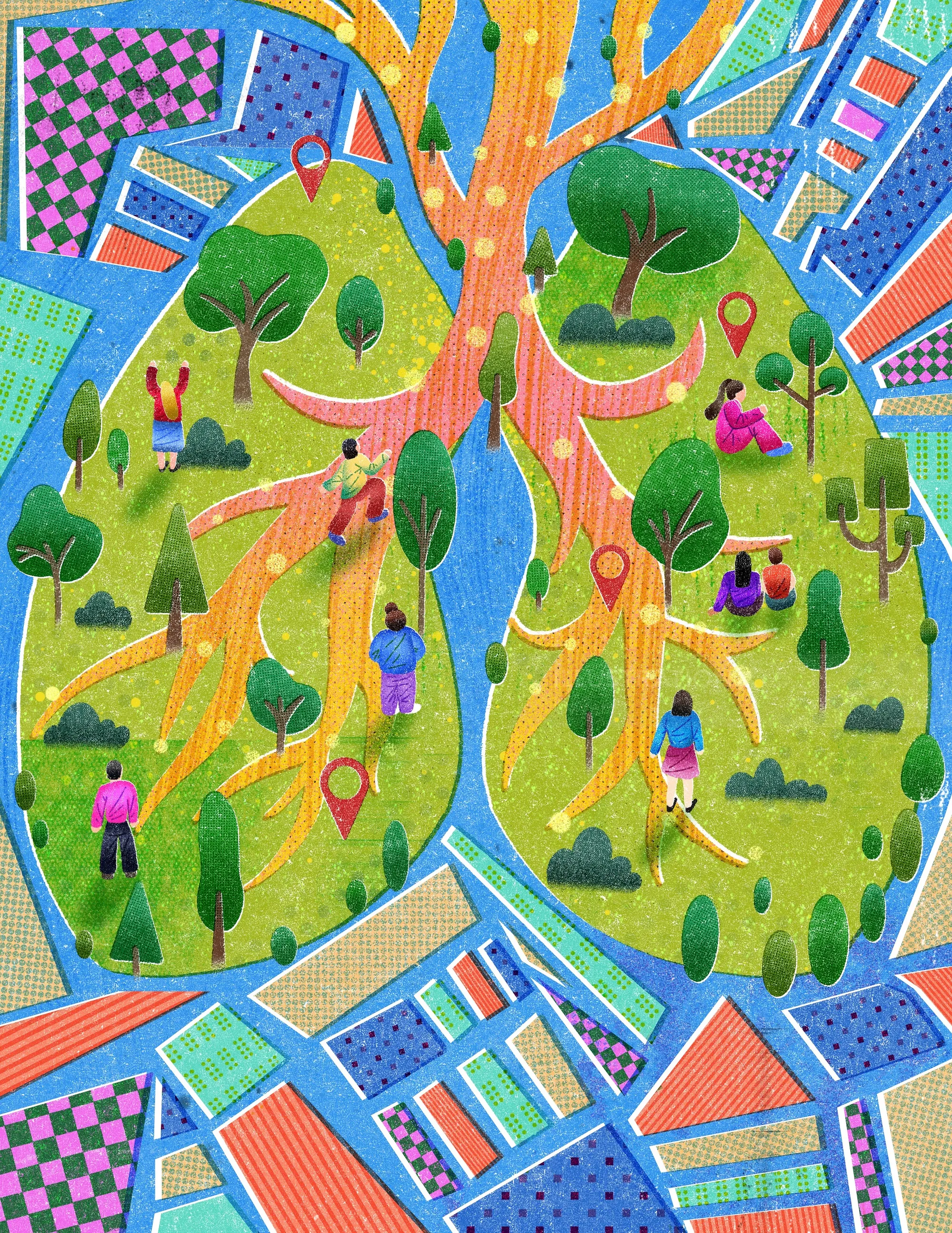 Illustration of a lung-shaped park with people walking outdoors by Oliver Li