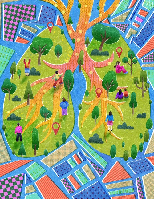 Illustration of a lung-shaped park with people walking outdoors by Oliver Li