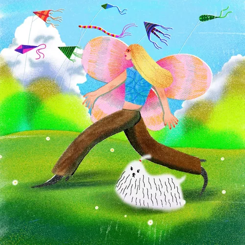 A woman walking her dog with colorful kites flying above, by Oliver Li