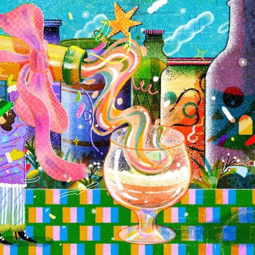 Group carrying a large beer bottle pouring into a glass by Oliver Li