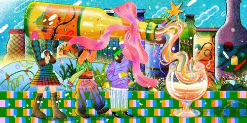 Group carrying a large beer bottle pouring into a glass by Oliver Li