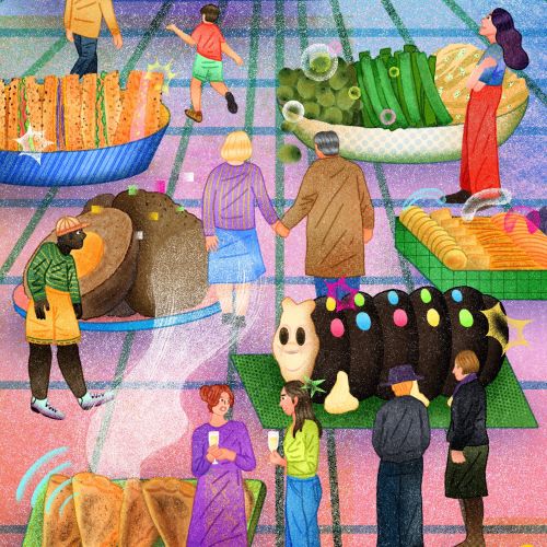 People viewing oversized food art installations by Oliver Li