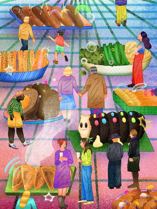People viewing oversized food art installations by Oliver Li