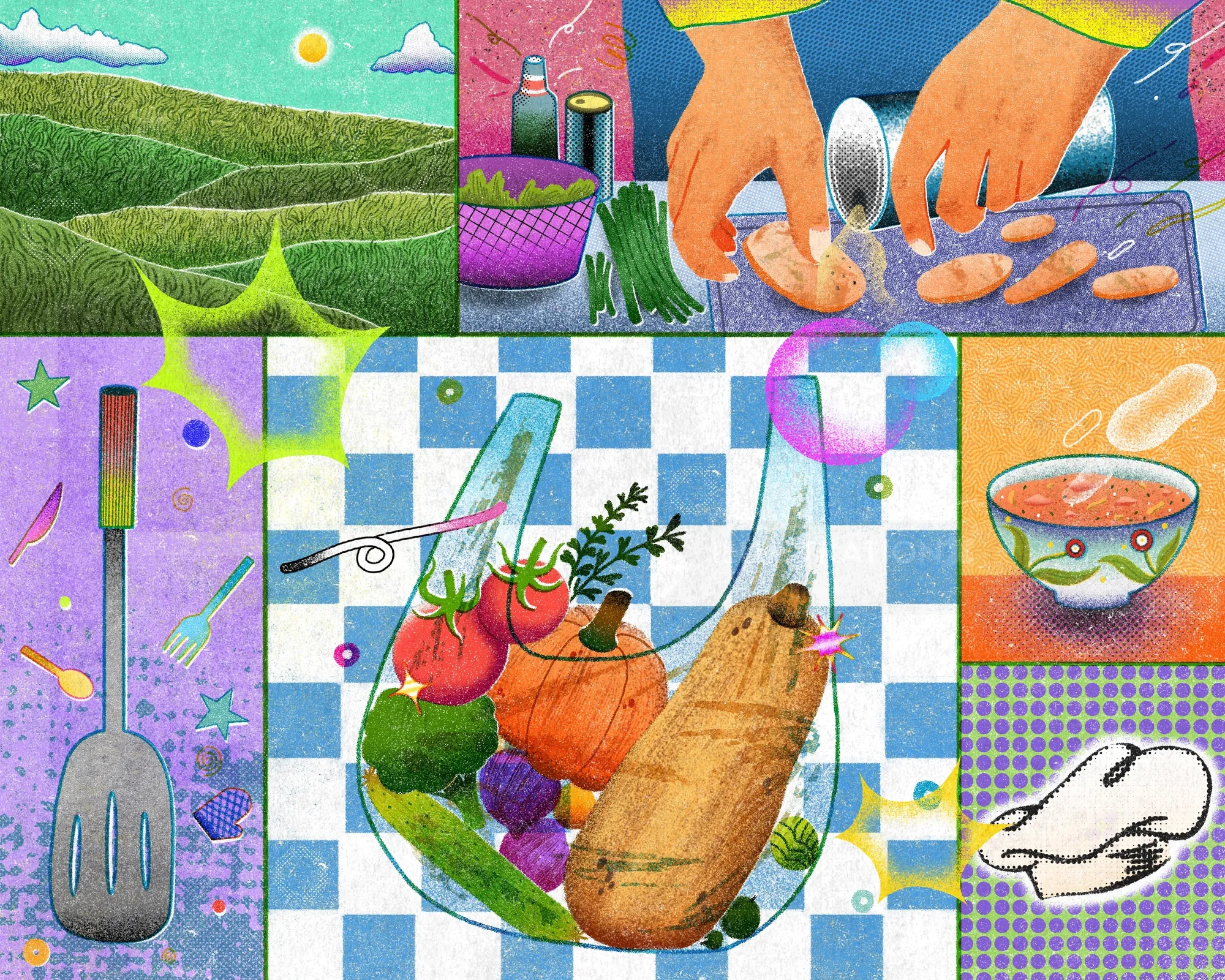 Hands preparing food with vegetables, bread, and kitchen tools by Oliver Li