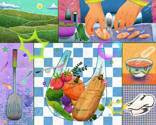 Hands preparing food with vegetables, bread, and kitchen tools by Oliver Li