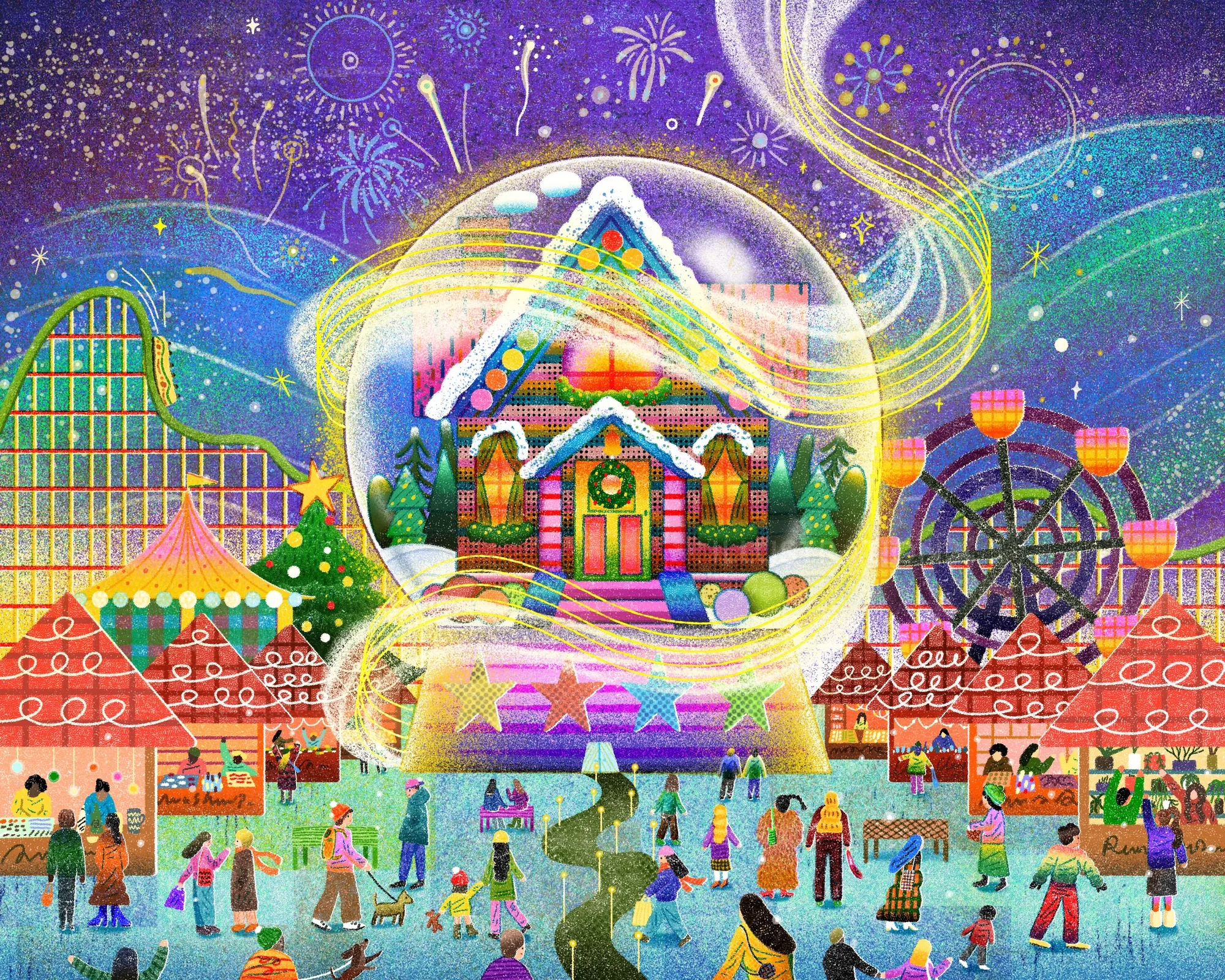 Snow globe with gingerbread house over festive holiday market by Oliver Li