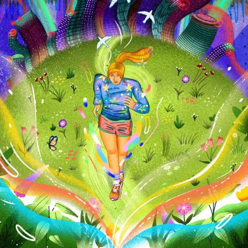 A woman running through grass with colorful city lights behind, by Oliver Li