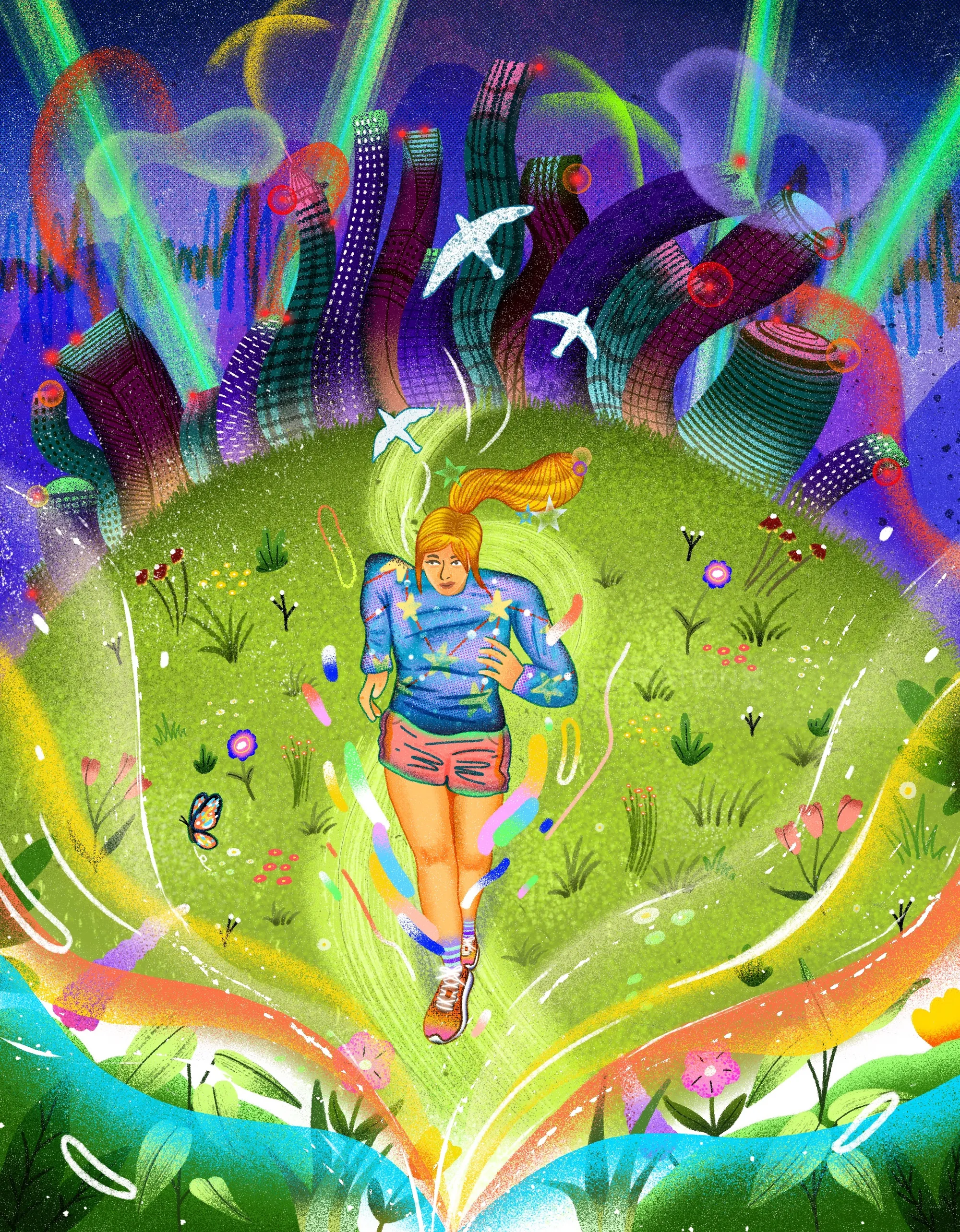 A woman running through grass with colorful city lights behind, by Oliver Li