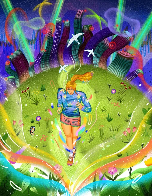 A woman running through grass with colorful city lights behind, by Oliver Li