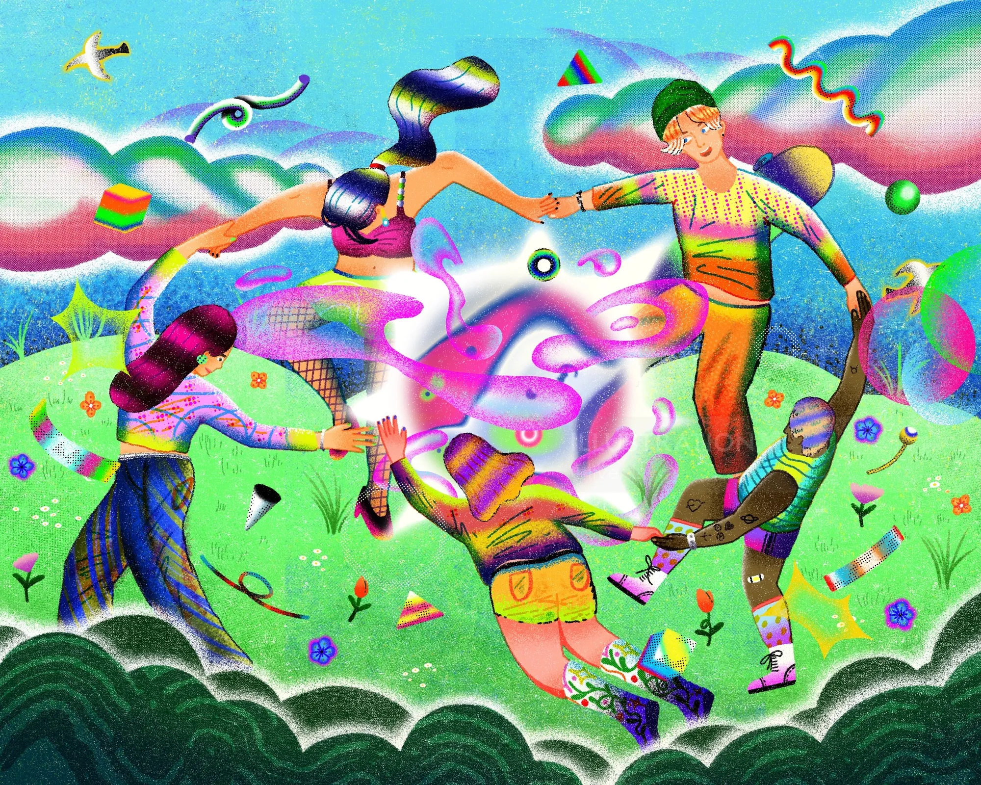 People dancing in a circle outdoors colorful ribbons and clouds Oliver Li