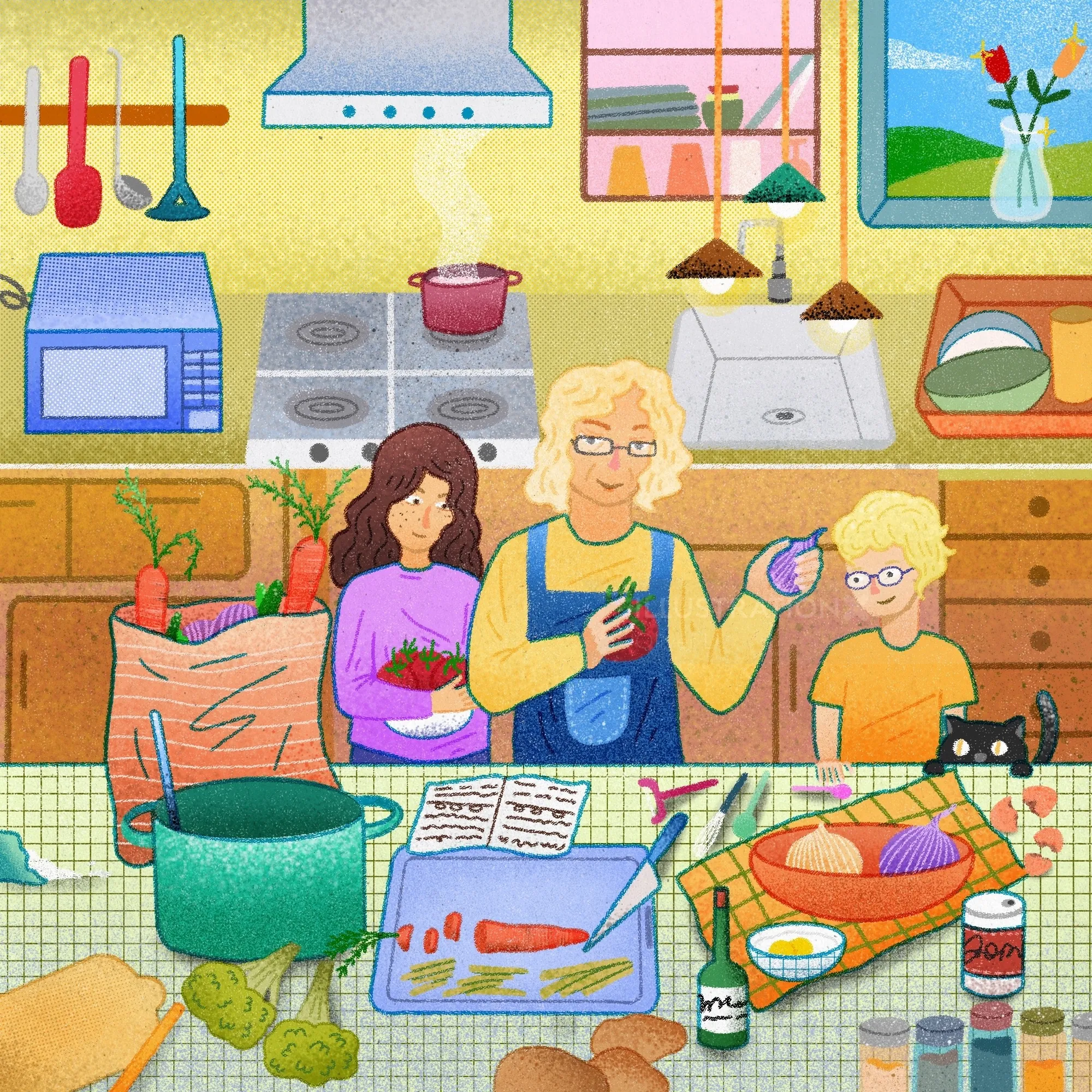 Family cooking together in kitchen with pots and vegetables, by Oliver Li