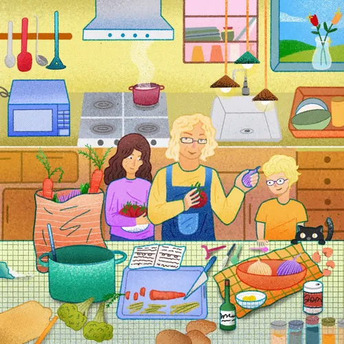 Family cooking together in kitchen with pots and vegetables, by Oliver Li