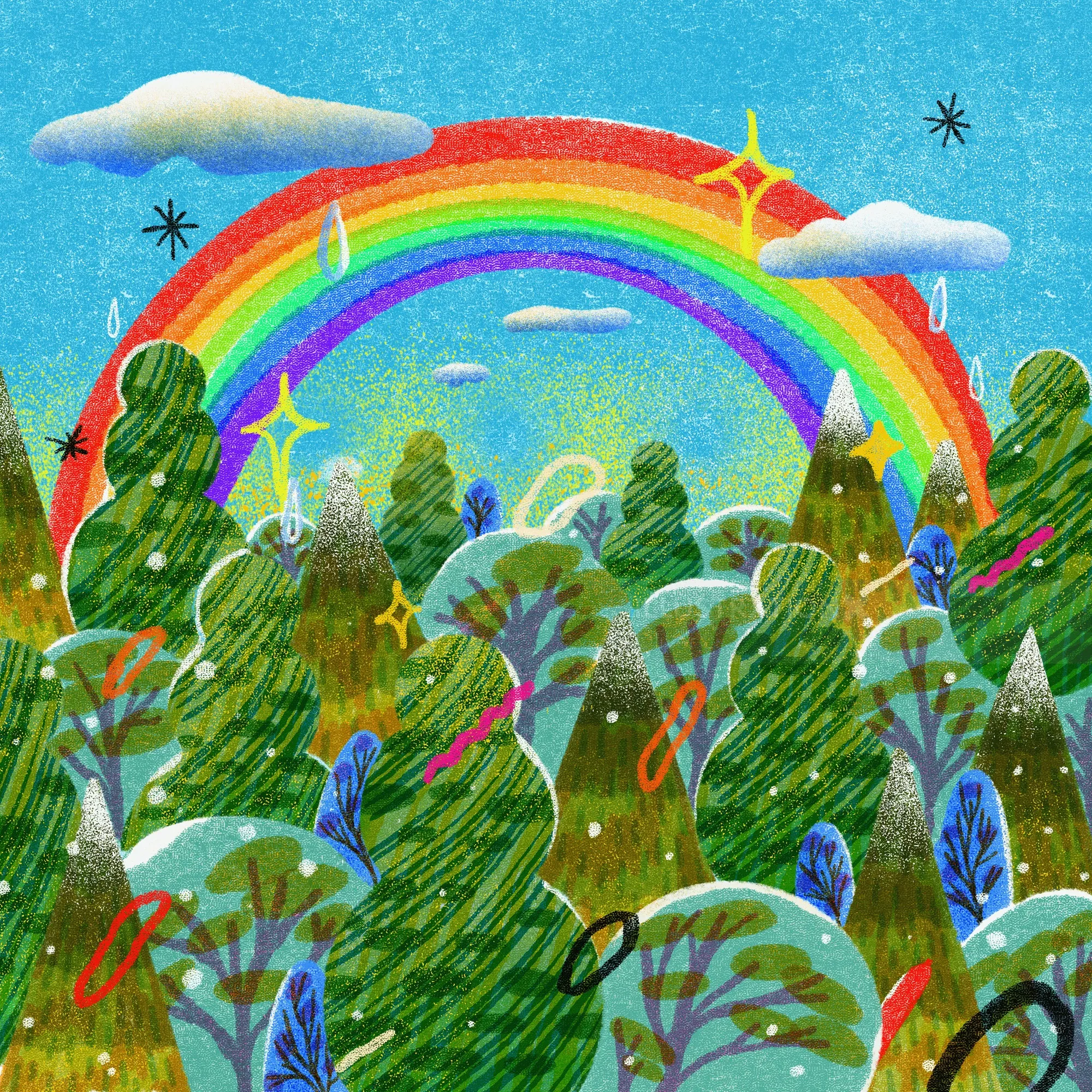 Colorful forest scene with rainbow and clouds by Oliver Li