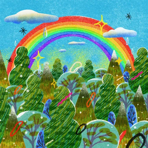 Colorful forest scene with rainbow and clouds by Oliver Li