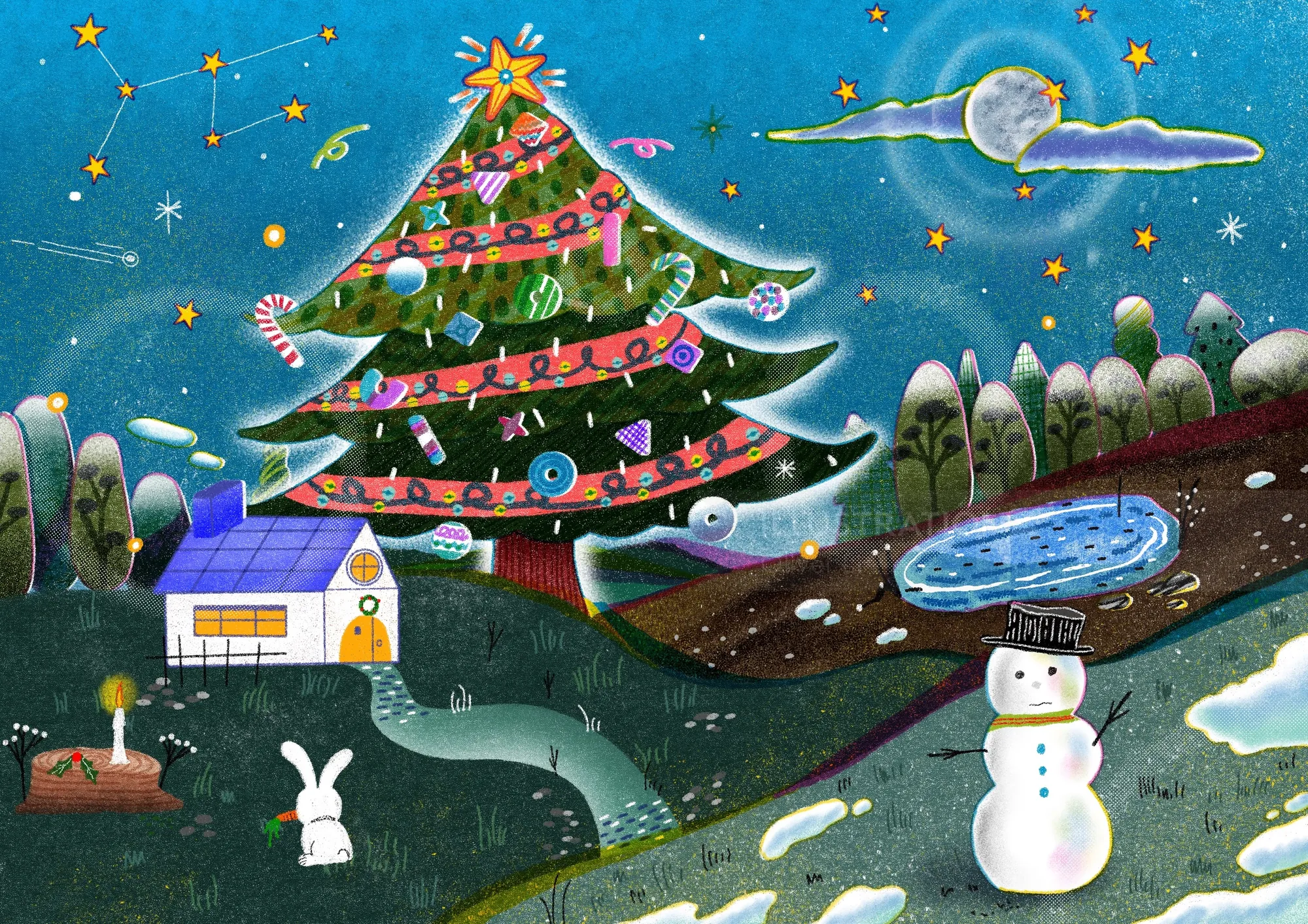 Christmas scene with a decorated tree, snowman, moon, and stars by Oliver Li