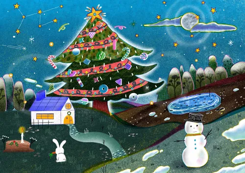 Christmas scene with a decorated tree, snowman, moon, and stars by Oliver Li