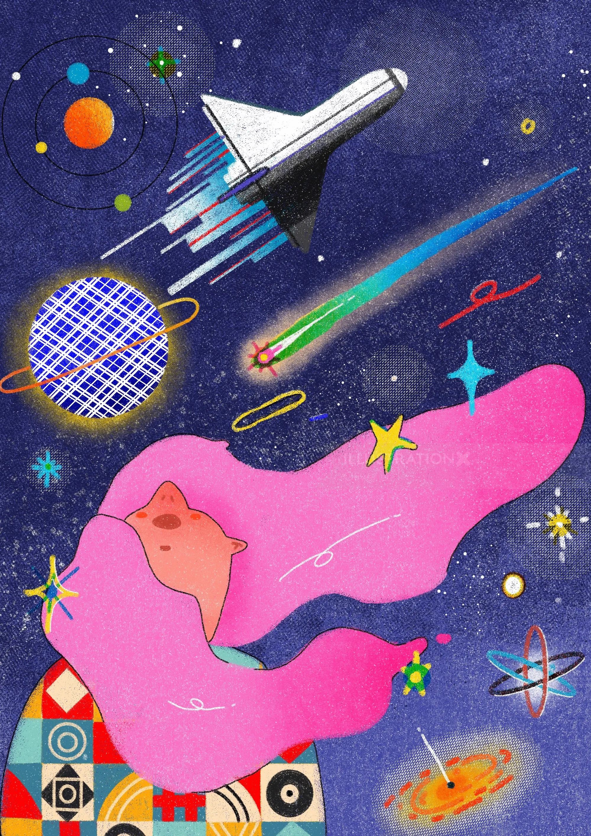 Space shuttle flying through colorful cosmic objects by Oliver Li