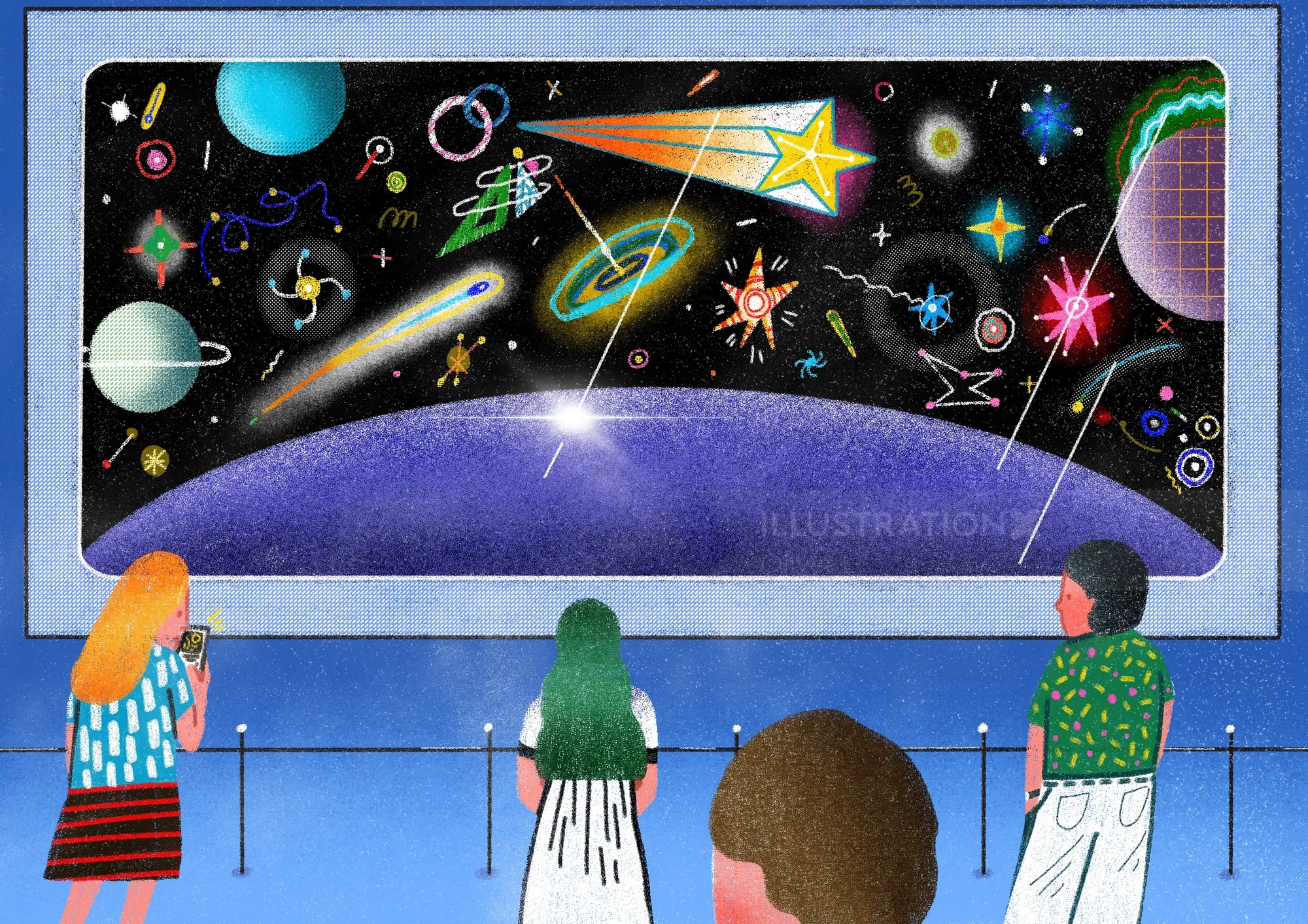 People observing colorful outer space display by Oliver Li