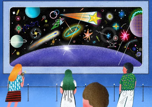 People observing colorful outer space display by Oliver Li