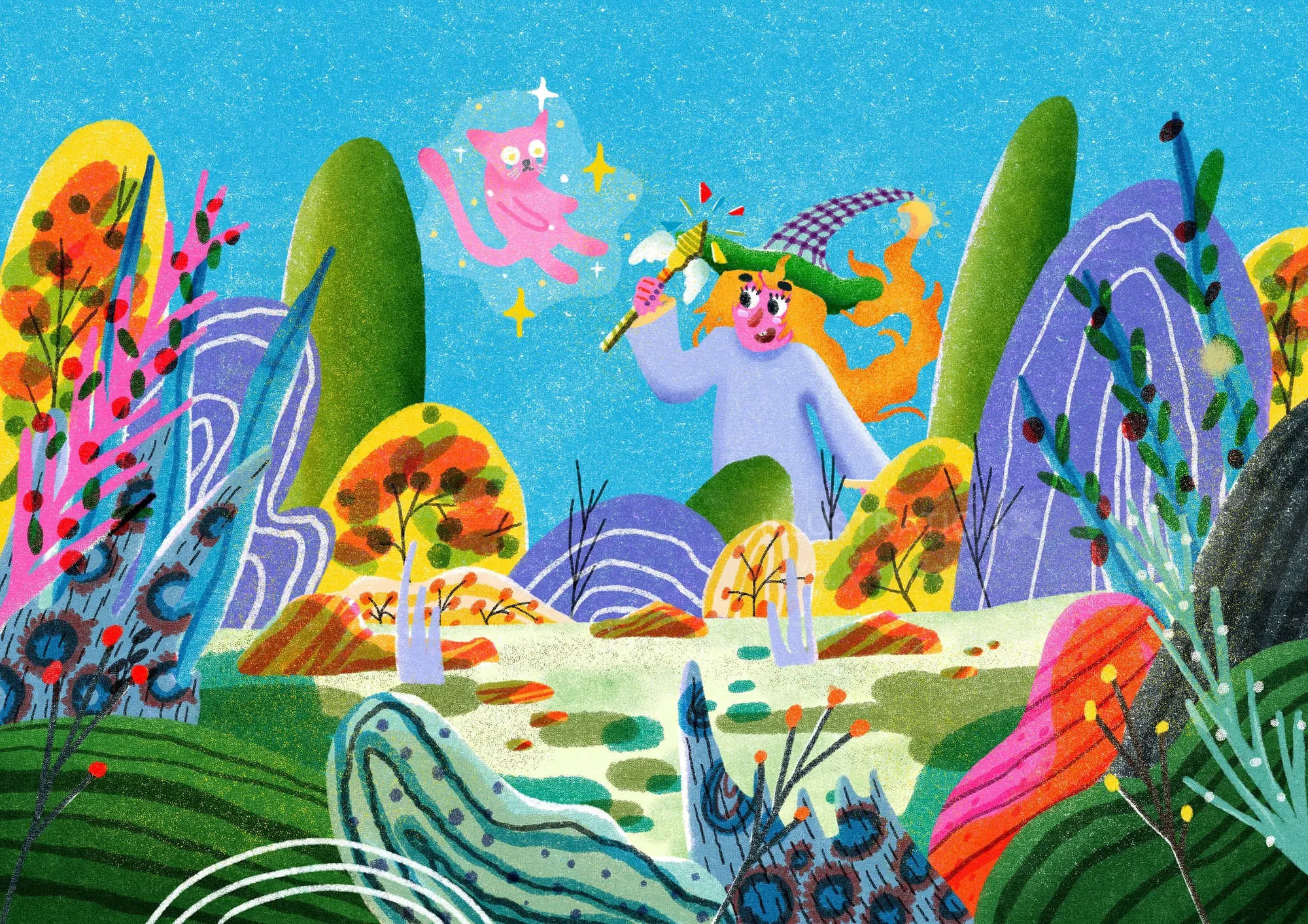 Whimsical witch with sparkling magical cat in vibrant landscape by Oliver Li