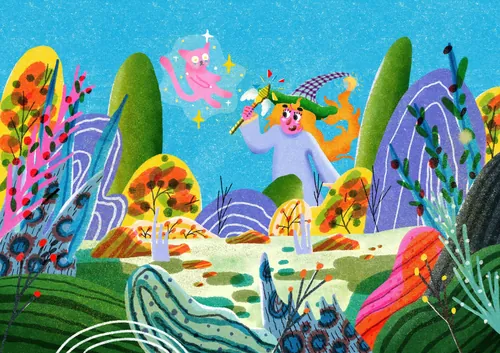 Whimsical witch with sparkling magical cat in vibrant landscape by Oliver Li