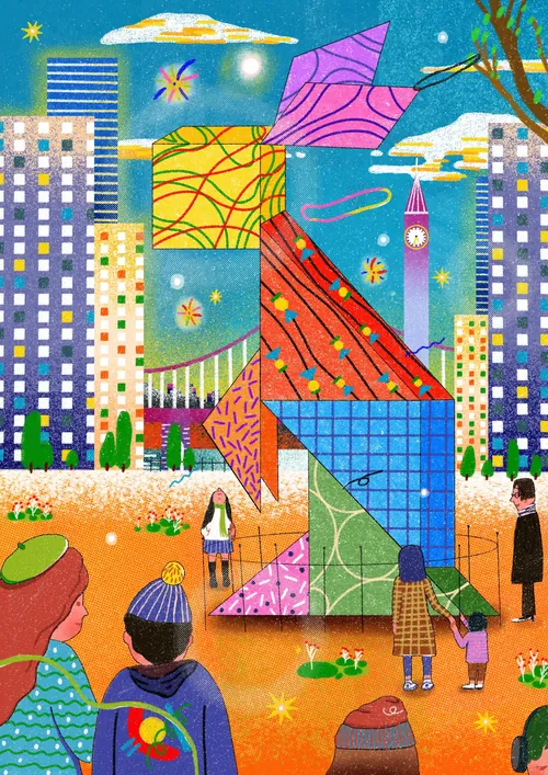 Colorful rabbit sculpture with city skyline and people, artist Oliver Li