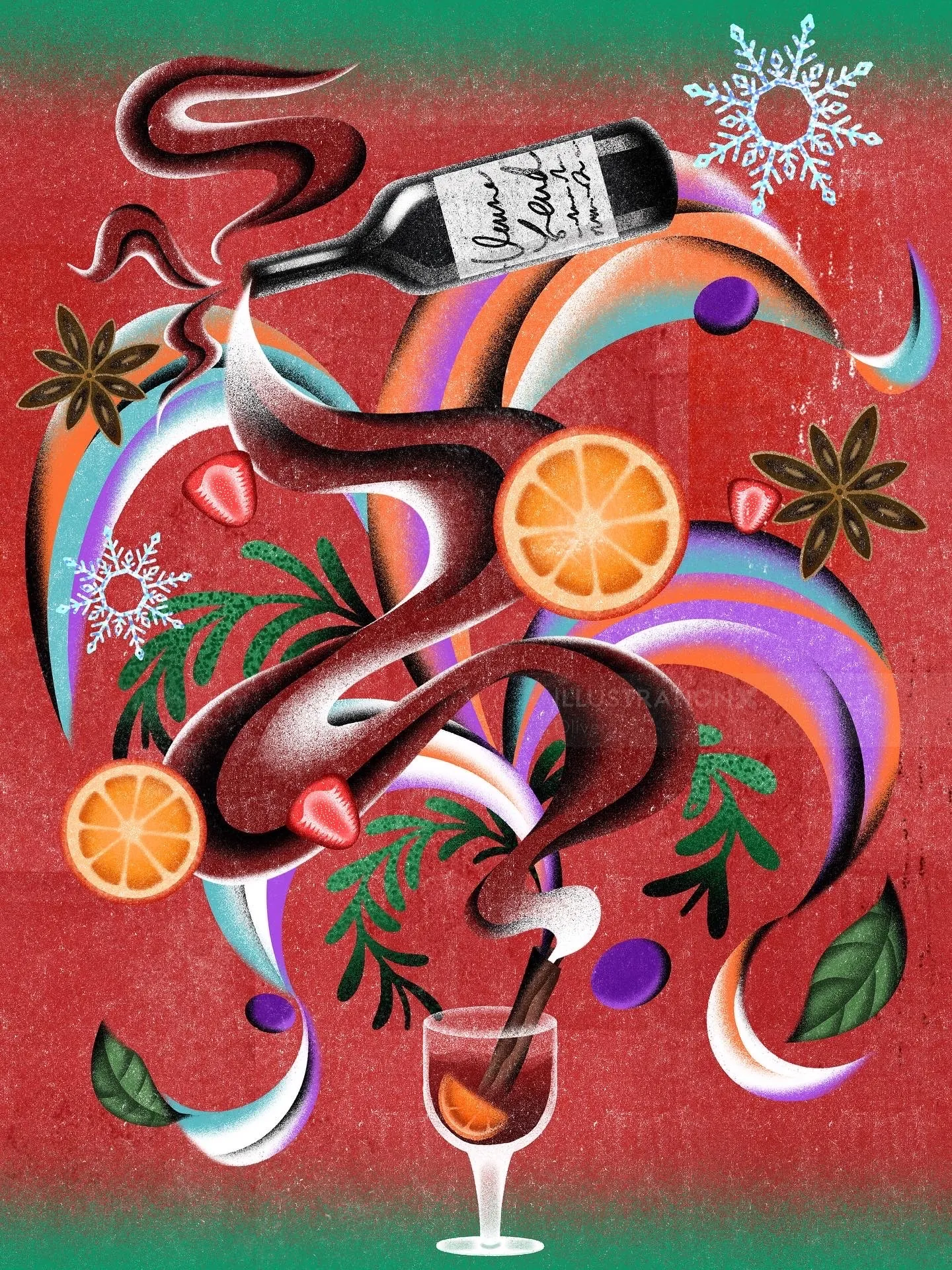 Illustration of mulled wine with spices, orange slices, and swirling steam by Oliver Li