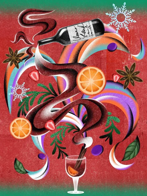 Illustration of mulled wine with spices, orange slices, and swirling steam by Oliver Li