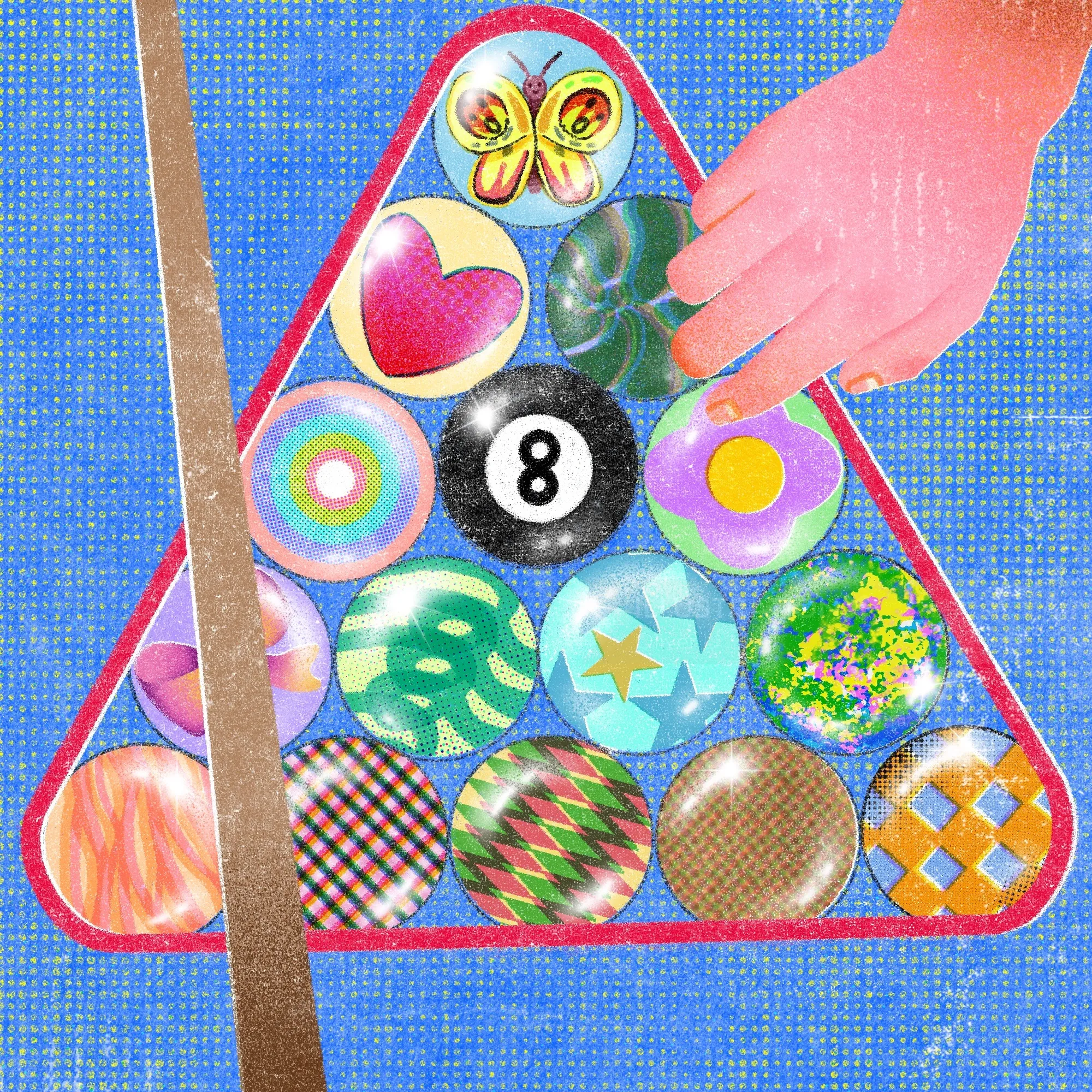 Hand placing colorful pool balls in triangle rack by Oliver Li
