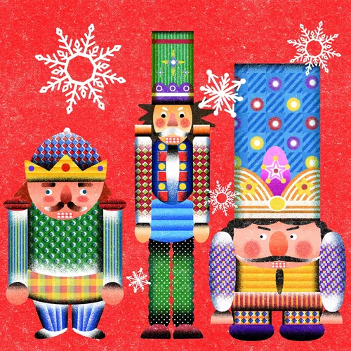 Three colorful nutcrackers with snowflakes on red background by Oliver Li