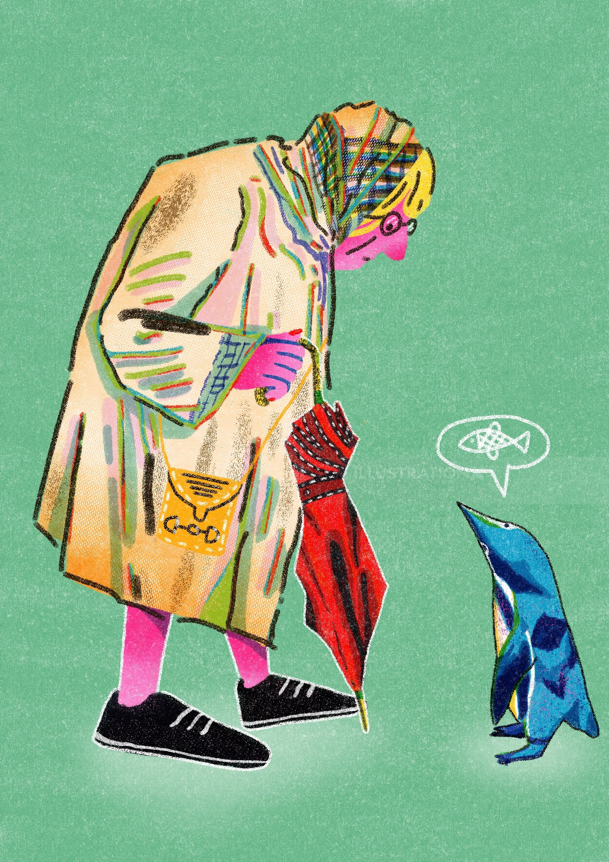 An elderly woman with umbrella faces a penguin, speech bubble, by Oliver Li