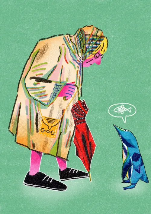 An elderly woman with umbrella faces a penguin, speech bubble, by Oliver Li