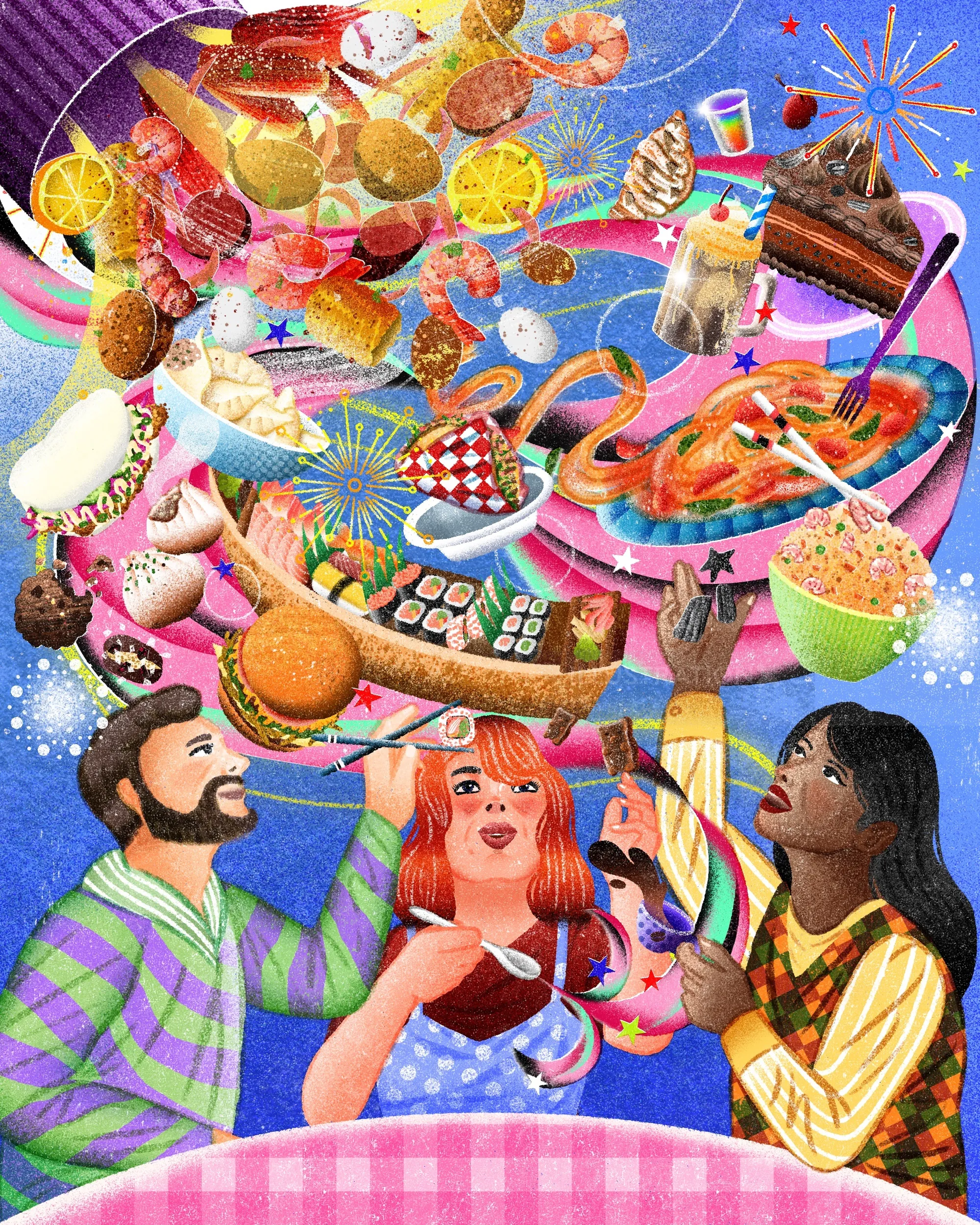 Three people enjoying a vibrant banquet with floating food dishes by Oliver Li