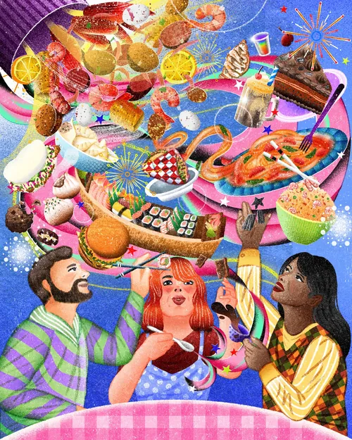 Three people enjoying a vibrant banquet with floating food dishes by Oliver Li