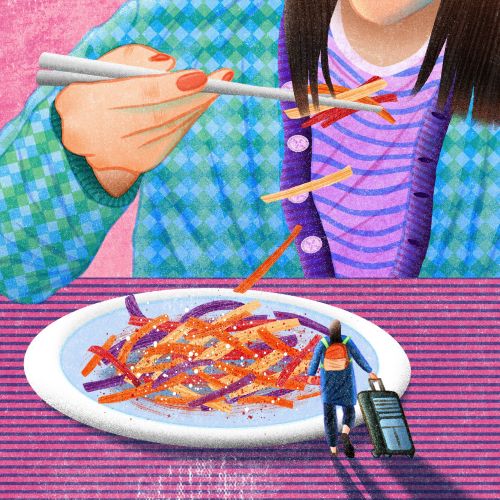 Woman eating noodles with tiny traveler on plate by Oliver Li