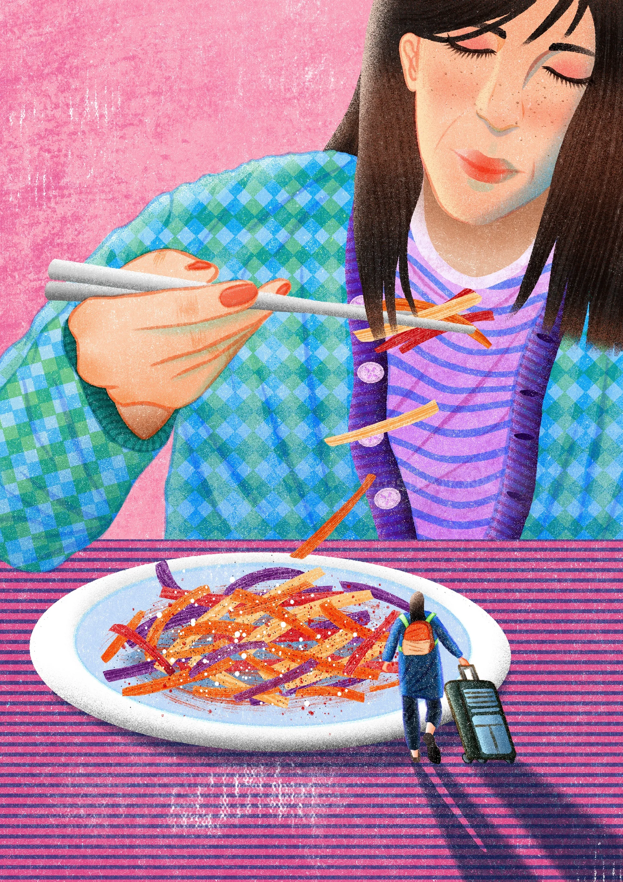 Woman eating noodles with tiny traveler on plate by Oliver Li