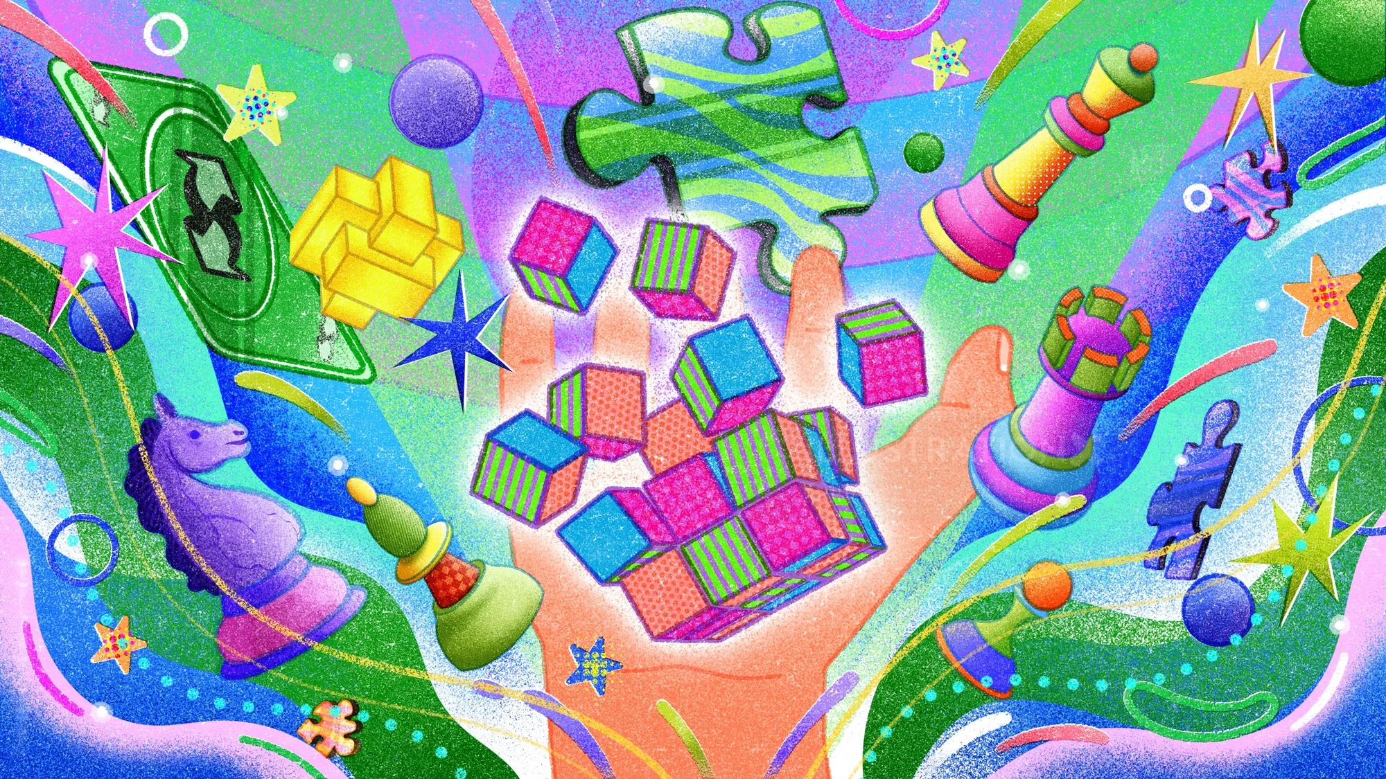 Vibrant image with puzzle pieces, chess and Rubik's cubes by Oliver Li
