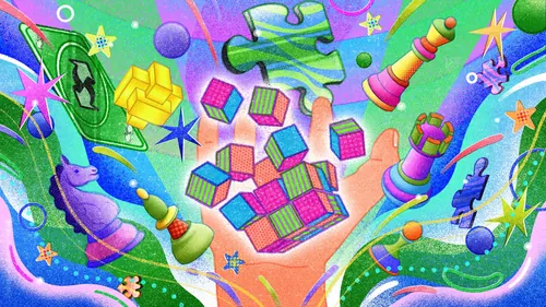 Vibrant image with puzzle pieces, chess and Rubik's cubes by Oliver Li