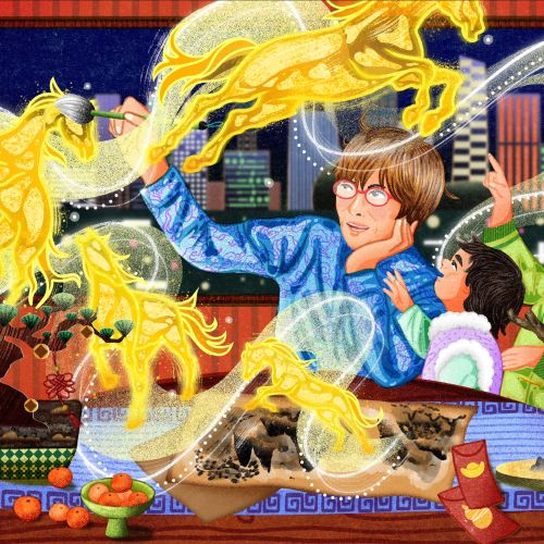 Person summoning glowing golden dragons over table with children nearby by Oliver Li
