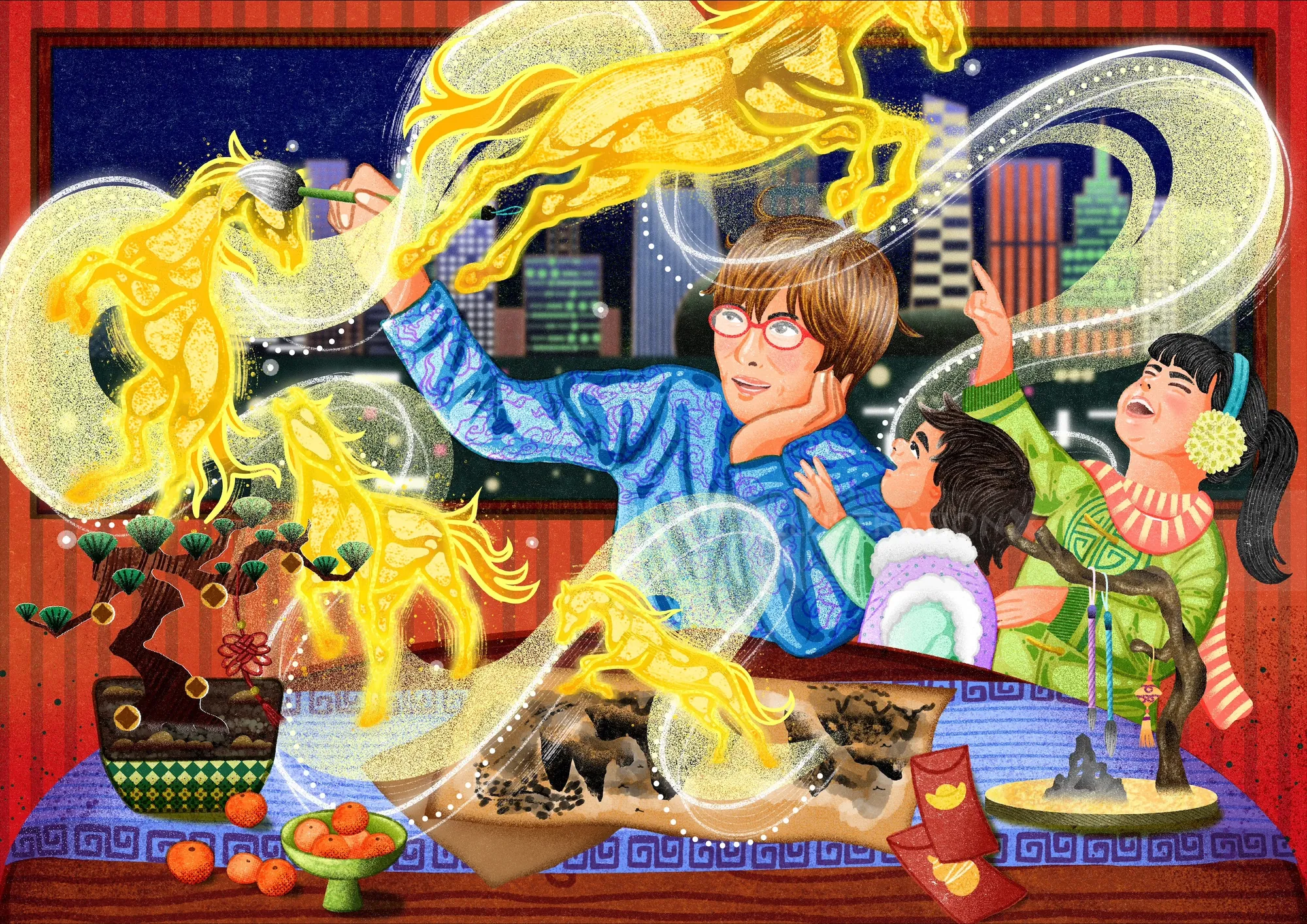 Person summoning glowing golden dragons over table with children nearby by Oliver Li