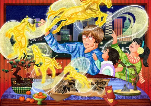 Person summoning glowing golden dragons over table with children nearby by Oliver Li