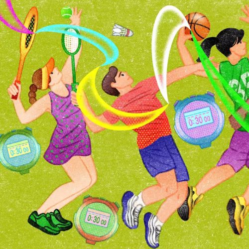 Colorful drawing of diverse people playing basketball and soccer by Oliver Li