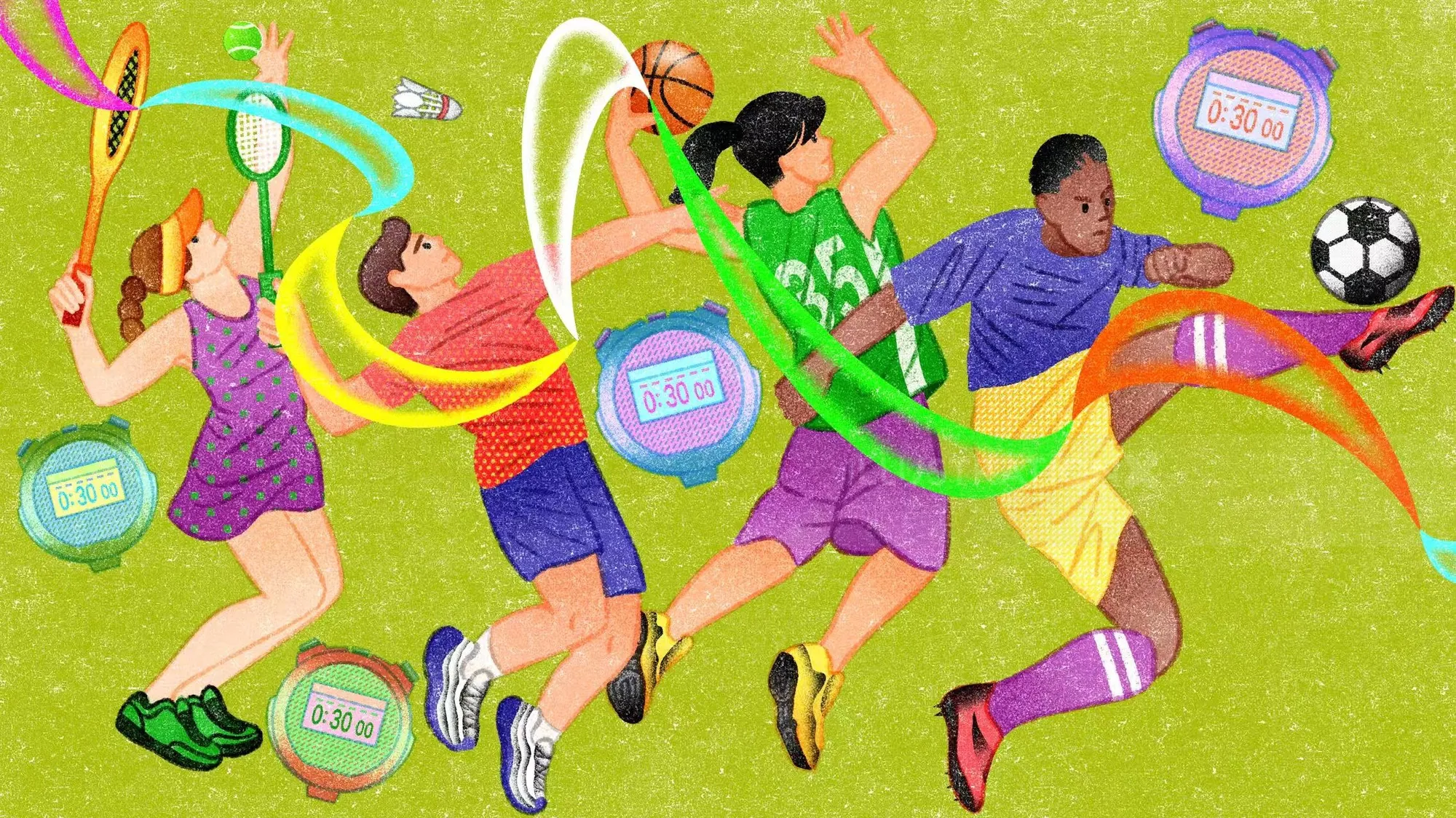 Colorful drawing of diverse people playing basketball and soccer by Oliver Li