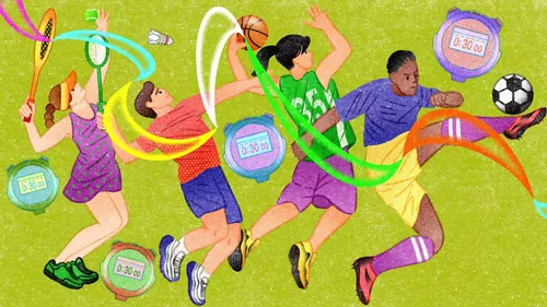 Colorful drawing of diverse people playing basketball and soccer by Oliver Li