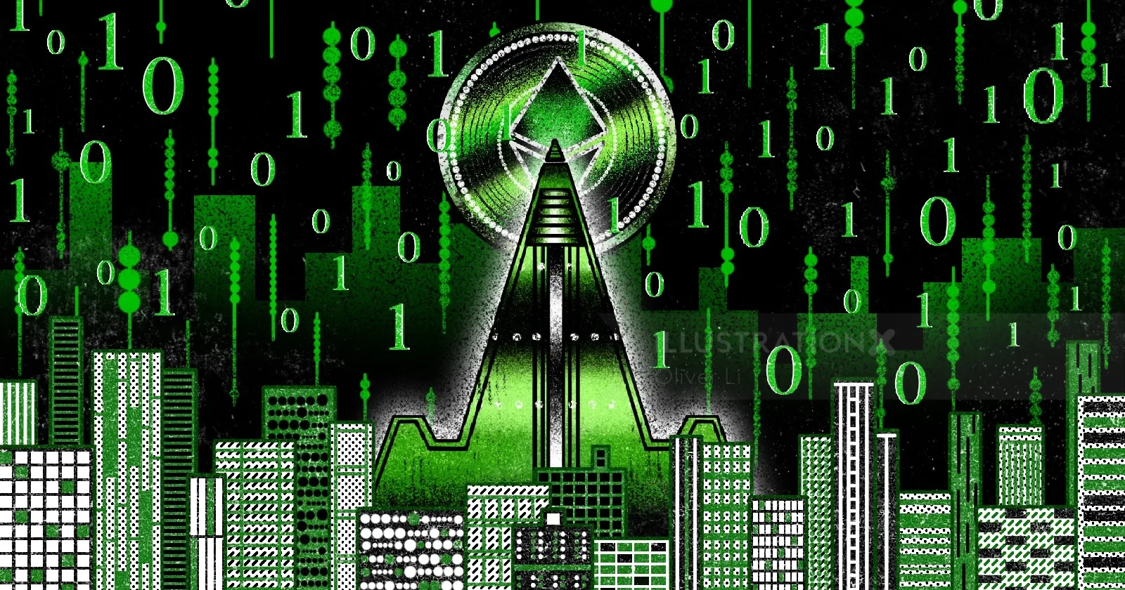 Digital city skyline with green matrix code and tower emitting signal by Oliver Li
