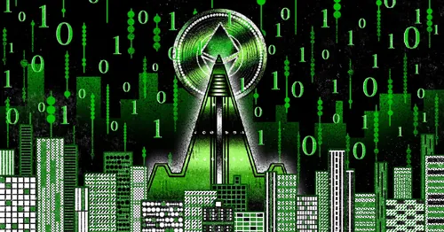 Digital city skyline with green matrix code and tower emitting signal by Oliver Li
