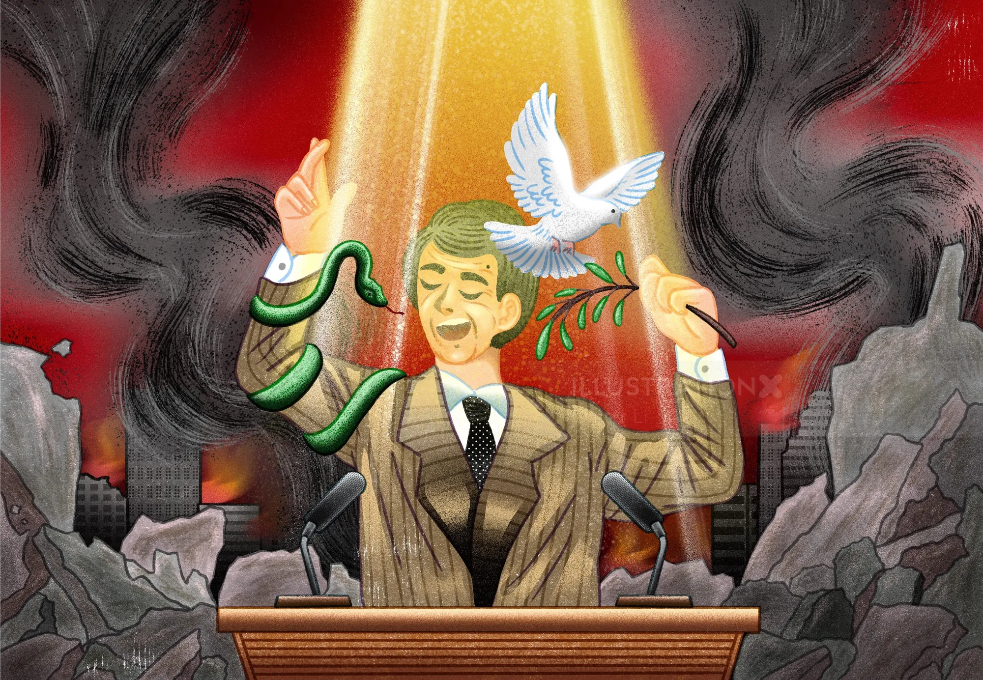 Man at podium with snake and dove, light and smoke around, by Oliver Li